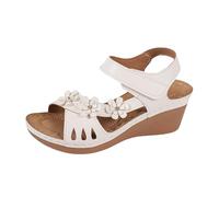 Sandalias de verano cómodas para mujer, zapatos de verano informales con boca de pescado y suela gruesa, tacón oblicuo, sandalias de playa de moda con decoración floral hueca y tacón de rocío para