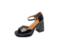Sandalias De Verano De Cuero PU Peep Toe para Mujer Tacón Grueso Alto Sandalias De Plataforma Correa Al Tobillo Zapatos De Vestir con Hebilla,Negro,35.5 EU