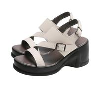 Sandalias de verano de piel suave para mujer, tacón inclinado, tacones gruesos con tacón alto, sandalias altas hasta la rodilla para mujer, White, 37.5 EU