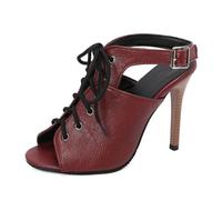 Sandalias De Verano De Tacón Alto con Tiras para Mujer Peep Toe Slingback Zapatos De Vestir Tacón De Aguja Sandalias De Fiesta De Graduación con Hebilla,Burgundy,44 EU