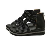 Sandalias de verano elegantes para mujer, color liso, transpirables, huecas, sandalias de exterior, tacón plano, sandalias de playa, sandalias con cremallera trasera, Negro , 38 EU