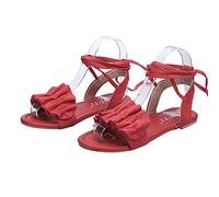 Sandalias de verano elegantes planas para mujer, sandalias de tiras sin tacón con lazo alrededor del tobillo, sandalias de playa con volantes, sandalias de playa con bandas cruzadas, sandalias de