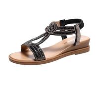 Sandalias de verano para mujer, brillantes, planas, de cuña baja, bohemias, con diamantes de imitación, correa en T, calzado elegante para vacaciones con correa elástica en el tobillo, Black, 36.5 EU