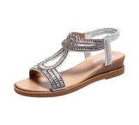 Sandalias de verano para mujer, brillantes, planas, de cuña baja, bohemias, con diamantes de imitación, correa en T, calzado elegante para vacaciones con correa elástica en el tobillo, Silver, 36.5 EU