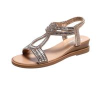 Sandalias de verano para mujer, brillantes, planas, de cuña baja, bohemias, con diamantes de imitación, correa en T, calzado elegante para vacaciones con correa elástica en el tobillo, Gold, 36.5 EU