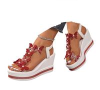Sandalias de verano para mujer, cómodas, para caminar, con correa elástica, diamantes de imitación, con puntera abierta, informales, con puntera abierta, zapatos de plataforma para mujer, Rojo Rb, 36