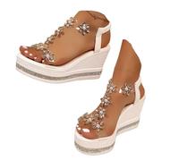 Sandalias de verano para mujer, cómodas, para caminar, con correa elástica, diamantes de imitación, con puntera abierta, informales, con puntera abierta, zapatos de plataforma para mujer, Oro Ra, 38.5