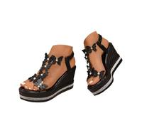 Sandalias de verano para mujer, cómodas, para caminar, con correa elástica, diamantes de imitación, con puntera abierta, informales, con puntera abierta, zapatos de plataforma para mujer, Rb Negro, 39