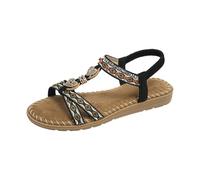 Sandalias de verano para mujer, con cuentas, punta redonda, zapatos planos, cómodos, ligeros, para vacaciones en la playa y atuendos casuales diarios, Black, 35.5 EU