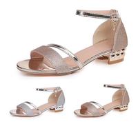 Sandalias de verano para mujer, con purpurina fina, color brillante, hebilla de gancho, correa de tobillo, antideslizante, puntera abierta, tacón bajo, grueso, para fiestas, vacaciones, viajes, playa