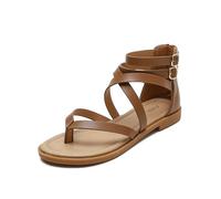 Sandalias de verano para mujer con tiras cruzadas, estilo romano, tacón bajo, estilo retro: 38-Marrón