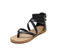 Sandalias de verano para mujer con tiras cruzadas, estilo romano, tacón bajo, estilo retro: 41-Negro