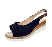 Sandalias de verano para mujer, diseño de volantes con lazo, hebilla de gancho, correa al tobillo, parte inferior de algodón, color sólido, puntera abierta, tacón de pendiente media, para compras