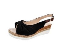 Sandalias de verano para mujer, diseño de volantes con lazo, hebilla de gancho, correa al tobillo, parte inferior de algodón, color sólido, puntera abierta, tacón de pendiente media, para compras