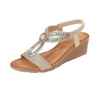 Sandalias de verano para mujer, sandalias de cuña bohemias de ajuste ancho, ligeras, de verano, con correa elástica al tobillo, cómodas sandalias ortopédicas con puntera abierta, Gold, 38.5 EU