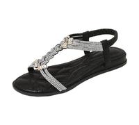 Sandalias de verano para mujer, sandalias de dedo del pie de cristal, sandalias planas para mujer, estudiantes coreanos, sandalias planas de verano, Negro , 39 EU