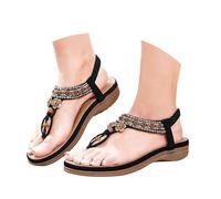 Sandalias de verano para mujer, sandalias planas de verano con purpurina y diamantes, sandalias planas elegantes, sandalias planas bohemias para el tiempo libre, con plantilla suave, color negro