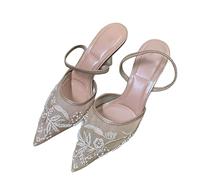 Sandalias de Verano para Mujer, Tacones Altos Malla Brillante Diamantes imitación Calzado Elegante Tiras en la Parte Posterior Zapatos Fiesta sin Cordones para Novia y Boda,Apricot,41 EU
