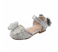 Sandalias de verano para niñas, zapatos de vestir, bonito lazo, bailarina Mary Jane con lazo de satén en el tobillo para boda, fiesta de cumpleaños, escuela, calzado elegante, Silver, 22 EU