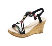 Sandalias étnicas de cuña de corcho para mujer, coloridas trenzadas, con tiras, para verano, bohemias, con cuentas de diamantes de imitación, sandalias de playa, Black, 39 EU