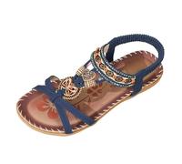 Sandalias genéricas para mujer planas chanclas punta abierta con decoración banda tobillera perlas Rhinestone sandalias mujer bohemio verano casual para playa vacaciones ocio, azul marino, 36 EU