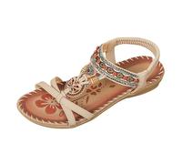 Sandalias genéricas para mujer planas chanclas punta abierta con decoración banda tobillera perlas Rhinestone sandalias mujer bohemio verano casual para playa vacaciones ocio, beige, 36 EU