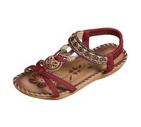 Sandalias genéricas para mujer planas chanclas punta abierta con decoración banda tobillera perlas Rhinestone sandalias mujer bohemio verano casual para playa vacaciones ocio, El vino, 40 EU