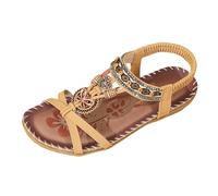 Sandalias genéricas para mujer planas chanclas punta abierta con decoración banda tobillera perlas Rhinestone sandalias mujer bohemio verano casual para playa vacaciones ocio, amarillo claro, 39 EU