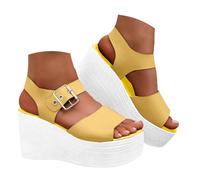 Sandalias genéricas para mujer Sandalias de cuña plataforma para mujer, suela gruesa, realzando la silueta, con hebilla delantera y brida calada. Punta Abierta Cuero Verano Planos Corcho, amarillo