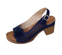 Sandalias genéricas para mujer, verano, talón, mulla para mujer, sandalias de tacón de bloque con decoración floral, mula tendencia con brida, zueco verano chic grande, azul, 38 EU