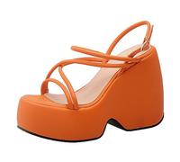 Sandalias Gladiador Plataforma de Cuña Mujer Tacón Grueso Tira Limpia Punta Abierta Tacones Altos para Ropa de Trabajo Urbana y Trajes Nocturnos,Naranja,34 EU