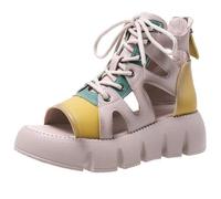 Sandalias góticas Plataforma Alta para Mujer,Sandalias cuña Cremallera Trasera con Cordones y Puntera Abierta Hueca Gladiador Sexy,Zapatos Playa Suaves y cómodos Estilo Romano,Beige,37 EU