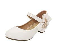 Sandalias Mary Jane de cuero con tacón bajo para niñas, con lazo con purpurina, correa ajustable al tobillo, para boda, graduación, rendimiento, lindas sandalias Mary Jane, White, 35 EU