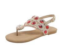 Sandalias Mujer Comodas Chanclas planas estilo boho con pedrería para mujer, sandalias planas brillantes con tira en T, perlas y tira en el tobillo. (Red, 43)