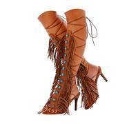 Sandalias Mujer Comodas Women Open Toe Stiletto Suede Fringe Boots Lace Up Strappy Toe High Sandal Boots (Brown, 39)