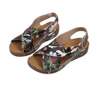 Sandalias Mujer Cruzada Impresas Floral Ortopédicas Verano Desnudo Pies Cómodo Cuñas Para Punta Abierta Vestidas De Verano Zapatos De Paseo Antideslizante Ancho Zapatos, Negro , 38 EU