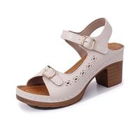 Sandalias Mujer Cuero Tacón Cuadrado Salón Mujer Desnudos Pies Abiertos Zapatos Tacón Plataforma Retro Brida Tobillo con Hebilla Recortes Geométricos Pata Decorativa Exterior Primavera Verano, 01
