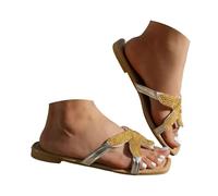 Sandalias Mujer planas dedo pulgar marrones con adorno de lazo de punto blanco, suela plana flexible ligera piel sintética, calzado sencillo cómodo para paseos urbanos en verano