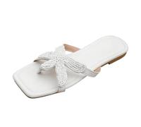 Sandalias Mujer planas dedo pulgar marrones con adorno de lazo de punto blanco, suela plana flexible ligera piel sintética, calzado sencillo cómodo para paseos urbanos en verano