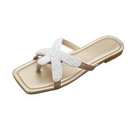 Sandalias Mujer planas dedo pulgar marrones con adorno de lazo de punto blanco, suela plana flexible ligera piel sintética, calzado sencillo cómodo para paseos urbanos en verano
