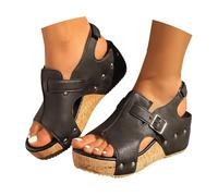 Sandalias Mujer Plataforma Ortopédica Sandalias Tacón Cuero Zapatos de Verano Slingback Plataforma Zapatos Deslizantes Zapatos Casual Tacón Cuña Sandalias Plataforma Sandalias Con Hebilla, Negro , 43