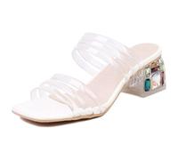 Sandalias Mujer Tacones de Deslizar con Cristales y Gemas Tacón de Bloque Cuadrado de Declaración Punta Abierta Mules Brillantes Zapatos de Moda de Verano,Blanca,37 EU