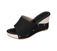 Sandalias Mujer Verano - Chaqueta Zueco, tacón de cuña espeso, abierto a los dedos, tachuelas decorativas, diseño bohemio, suelas zapatos cómodos, para playa y uso diario, Negro , 39 EU