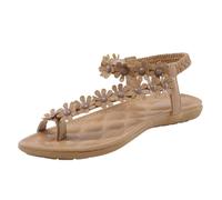 Sandalias Mujer Verano Cómodo Chanclas Planas - Flores Decorativas Estilo Bohemio, Entre-Dedd de Cuero, Brida Trasera, Suela Ortopédica, Zapatos Hallux Valgus para Playa, Salida y Diario, 01 caqui, 39