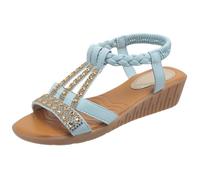 Sandalias Mujer Verano Cómodo Zapato Con Rhinestone Mujeres Moda Bohemia Planas Rhinestone Punta Abierta Cómodo Zapatos Chanclas De Playa Correa Elástica En El Talón, azul claro, 43 EU