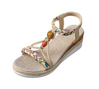 Sandalias Mujer Verano Sandalias bohemias de verano para mujer con tobillera de cuentas y puntera abierta en diseño slip-on con cuña para un estilo casual (Khaki, 39)