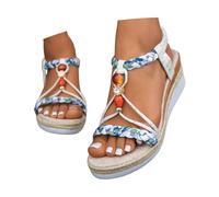Sandalias Mujer Verano Sandalias bohemias de verano para mujer con tobillera de cuentas y puntera abierta en diseño slip-on con cuña para un estilo casual (White, 41)