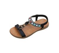 Sandalias Mujer Verano Sandalias planas bohemias de playa con detalle de cuentas para un estilo casual cómodo y deslizante (Black, 37)