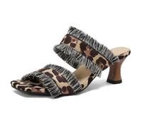 Sandalias Mule de Denim con Flecos Mujer Tacón Gatito Punta Abierta de Slip On Slides Zapatos de Vestir de Moda de Verano,Leopard Print,41 EU