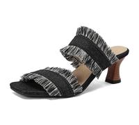 Sandalias Mule de Denim con Flecos Mujer Tacón Gatito Punta Abierta de Slip On Slides Zapatos de Vestir de Moda de Verano,Negro,40 EU